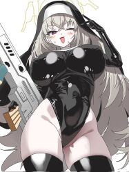 1girl assault_rifle black_veil blue_archive breasts bullpup crossed_bangs gift gloved_sleeves gogoco grey_hair gun halo highleg highleg_leotard highres holding holding_gift impossible_clothes impossible_leotard iwi_tavor large_breasts latex latex_leotard latex_thighhighs leotard long_hair looking_at_viewer nun one_eye_closed purple_eyes rifle sakurako_(blue_archive) smile solo sweat thighhighs v veil weapon white_background yellow_halo