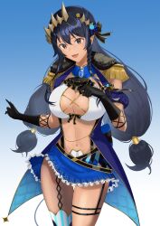 1girl :d absurdres ascot asymmetrical_horns black_ascot black_bow black_gloves black_hair blue_background blue_bow blue_coat blue_gemstone blue_skirt blue_sleeves blush bow braided_sidelock breasts brown_eyes brown_horns cleavage_cutout clothing_cutout coat commentary_request cowboy_shot cross cross_earrings dark_skin demon_girl demon_horns detached_sleeves earrings elbow_gloves epaulettes flower frilled_skirt frills gem gloves gold_earrings gradient_background hair_bow hair_flower hair_ornament hand_on_own_chest highres honey_strap honey_strap_stage_costume horns jewelry large_breasts light_blush linea_alba lips long_hair long_sidelocks looking_at_viewer low-tied_long_hair miniskirt nanashi_inc. navel nose_blush open_clothes open_coat open_mouth pleated_skirt pointy_ears quilted_clothes sankyo_(821-scoville) shimamura_charlotte shirt short_sleeves sidelocks simple_background single_earring skirt sleeveless sleeveless_coat sleeveless_shirt smile solo tail thigh_strap twintails two-sided_coat two-sided_fabric uneven_horns very_long_hair virtual_youtuber white_background white_shirt