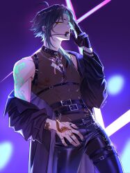 1boy absurdres aqua_hair arm_tattoo belt black_gloves black_hair black_jacket black_nails black_pants facial_mark fishnet_top fishnets forehead_mark genshin_impact gloves headset highres jacket jewelry lji_321 male_focus multicolored_hair muscular muscular_male necklace nipples open_clothes open_jacket open_mouth pants short_hair solo tattoo xiao_(genshin_impact) yellow_eyes
