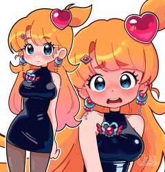 1girl absurdres alternate_costume arched_bangs arms_behind_back artist_name artist_self-insert bare_arms bare_shoulders black_dress blue_eyes blush breasts brown_pantyhose closed_mouth collarbone commentary cowboy_shot crescent crescent_earrings diamond_hair_ornament dress earrings english_commentary fingernails flustered full-face_blush furrowed_brow gradient_hair hair_ornament hairclip heart heart_hair_ornament heart_pin highres indie_virtual_youtuber jewelry long_hair looking_at_viewer marikyuunn marikyuunn_(vtuber) medium_breasts multicolored_hair multiple_views one_side_up open_mouth orange_hair pantyhose pencil_dress shiny_clothes short_dress signature simple_background sleeveless sleeveless_dress sweatdrop tareme teeth thick_eyebrows tongue very_long_hair virtual_youtuber white_background