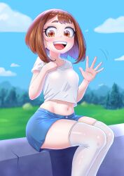 Rule 34 | 1girl, absurdres, artist name, blue shorts, blue sky, blurry, blurry background, blush, boku no hero academia, breasts, brown eyes, brown hair, collarbone, day, dot nose, eyebrows, eyelashes, feet out of frame, female focus, from side, hand on own chest, hand up, happy, hassylep, highres, legs together, looking at viewer, looking to the side, matching hair/eyes, medium hair, midriff, navel, open mouth, outdoors, shirt, short sleeves, shorts, sitting, sky, small breasts, smile, solo, teeth, thighhighs, tongue, upper teeth only, uraraka ochako, white shirt, white thighhighs