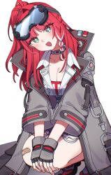 1girl absurdres bandaid bandaid_on_knee bandaid_on_leg black_survival blue_eyes breasts choker cleavage coat collarbone collared_shirt eternal_return:_black_survival fingerless_gloves gloves goggles goggles_on_head grey_choker grey_coat grey_gloves hashtag-only_commentary head_tilt highres justyna_(black_survival) long_hair long_sleeves looking_at_viewer medium_breasts mole mole_on_breast multicolored_hair open_clothes open_coat open_mouth red_hair shirt simple_background solo squatting streaked_hair taenyaki white_background white_hair white_shirt