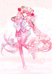 1girl boots breasts cherry_blossoms cherry_hair_ornament collared_shirt detached_sleeves falling_petals flower food-themed_hair_ornament full_body hair_flower hair_ornament hatsune_miku highres long_hair medium_breasts necktie parted_lips petals pink_boots pink_eyes pink_flower pink_hair pink_necktie pink_petals pink_skirt pink_sleeves pleated_skirt sakura_miku shirt shutsuri skirt sleeveless sleeveless_shirt smile solo teeth thigh_boots tie_clip very_long_hair vocaloid white_shirt