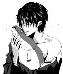 Rule 34 | 00s, 1boy, bishounen, black hair, closed eyes, fish, greyscale, holding, hosaka (minami-ke), male focus, minami-ke, monochrome, morii shizuki, off shoulder, open mouth, serious, short hair, solo, what