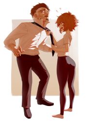 1boy 1girl adjusting_clothes adjusting_necktie ass beard black_hair blush breasts brown_background business_suit denim dev_(dev0614) embarrassed facial_hair formal_clothes full_body jeans medium_breasts multicolored_hair mustache necktie old old_man original pants red_hair salaryman scar scar_across_eye scar_on_face scar_on_nose shirt shoes short_hair simple_background simple_feet size_difference suit sweatdrop two-tone_hair white_background