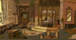 abandoned bed book bookshelf chair commentary commission container desk doll door english_commentary english_text eniddin flower foliage highres indoors ladder lattice messy_room mirror no_humans overgrown painting_(object) paper picture_frame pile_of_books pillow plant potted_plant rug scenery shelf stuffed_toy sunlight table the_moonlight_blade toy vase vines wide_shot window