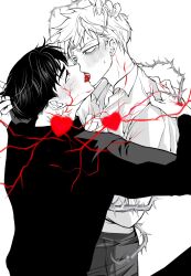Rule 34 | 2boys, adam&#039;s apple, alien stage, blush, collared shirt, commentary, english commentary, eye contact, fingernails, french kiss, hand on another&#039;s head, heart, highres, ivan (alien stage), kiss, long sleeves, looking at another, male focus, multiple boys, open collar, pants, saliva, shirt, soudane (1bdyt1xcwdzm3cl), spot color, standing, sweat, teeth, thorns, till (alien stage), tongue, wing collar, yaoi