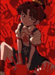 Rule 34 | 1girl, absurdres, aged down, an-an lee, between legs, black hair, blue skirt, chromatic aberration, collared shirt, eyewear on head, feet out of frame, hand between legs, handprint, highres, looking at viewer, ponytail, red background, red socks, reverse:1999, scanlines, shirt, short hair, short sleeves, sitting, skirt, smile, socks, solo, spread legs, sunglasses, suspender skirt, suspenders, white shirt, yellow eyes, ziyunshanding