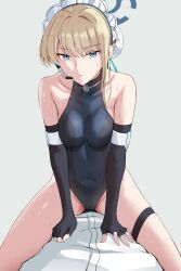 1boy 1girl absurdres bare_shoulders blonde_hair blue_archive blue_eyes breasts collarbone covered_navel elbow_gloves fingerless_gloves gloves grey_background halo heattech_leotard highres leotard looking_at_viewer maid_headdress medium_breasts medium_hair microphone shirt single_sidelock sitting sitting_on_person skindentation spread_legs sweatdrop tetsuffy_(tetsulul) thigh_strap toki_(blue_archive) turtleneck white_shirt