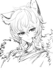 1girl arknights genderswap genderswap_(mtf) kajuu monochrome shirt short_hair silverash_(arknights) simple_background solo twitter white_background
