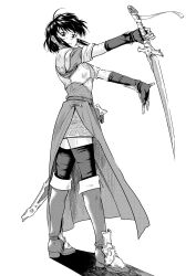 1girl armor armored_boots black_hair boots bracer breastplate earrings elbow_gloves fingerless_gloves fire_emblem fire_emblem:_genealogy_of_the_holy_war gloves greyscale holding holding_sword holding_weapon jewelry kirihara_you knee_boots larcei_(fire_emblem) looking_at_viewer monochrome nintendo sheath short_hair shoulder_armor sidelocks sleeves_rolled_up solo standing sword thighhighs tunic weapon