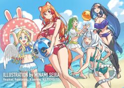 5girls :d :o ahoge alternate_costume animal_ear_innertube animal_ears aqua_one-piece_swimsuit arm_up armpits arms_up artist_name atla_fayon back ball barefoot beach beachball bikini bikini_skirt bird_wings black_hair blonde_hair blue_bikini blue_eyes blue_hair blue_sky blue_trim blunt_bangs body_markings braid breasts cleavage closed_mouth cloud cloudy_sky colored_inner_hair colored_tips commentary_request cowboy_shot day detached_sleeves dutch_angle facing_back facing_viewer feathered_wings filo_(tate_no_yuusha_no_nariagari) forehead frilled_bikini_top from_behind from_side full_body green_eyes green_hair hair_ribbon hands_up holding holding_ball holding_beachball holding_swim_ring innertube large_breasts long_hair looking_at_viewer medium_breasts minami_seira multicolored_hair multiple_girls navel ocean one-piece_swimsuit open_mouth orange_hair outdoors pink_innertube polka_dot_innertube raccoon_ears raccoon_girl raccoon_tail raphtalia red_bikini red_eyes red_hair red_ribbon ribbon rishia_ivyred sadina_(tate_no_yuusha_no_nariagari) shirt short_sleeves side-tie_bikini_bottom sketch sky small_breasts smile stomach swim_ring swimsuit tail tate_no_yuusha_no_nariagari teeth tied_shirt tiger_ears tiger_girl tiger_tail twin_braids two-tone_hair upper_teeth_only very_long_hair white_bikini white_hair white_shirt white_sleeves white_wings wings yellow_bikini