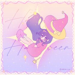 +_+ 1girl :d aged_down ankle_boots aubrey_(faraway)_(omori) aubrey_(omori) boots border bow child commentary double-parted_bangs dress english_commentary eyes_visible_through_hair falling floating_hat from_behind full_body gradient_background hair_between_eyes halloween_costume happy_halloween hat hat_bow hat_ornament highres holding holding_stuffed_toy hrsw_mz long_hair looking_at_viewer looking_back mr._plantegg_(omori) official_alternate_costume omori open_mouth orange_background pink_boots pink_dress pink_hat pink_ribbon purple_background purple_eyes purple_hair ribbon short_sleeves smile solo sparkle star_(symbol) star_hat_ornament stuffed_eggplant stuffed_toy tongue very_long_hair white_border witch_hat yellow_bow yellow_pupils