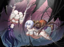 2girls absurdres animal bar_censor bestiality big_belly blindfold blue_eyes breasts bug cave censored completely_nude date_a_live egg_implantation gagged highres large_breasts long_hair multiple_girls nipples nude oversized_animal purple_hair pussy rape restrained rolling_eyes short_hair silk spider spider_web suspension tobiichi_origami trembling upside-down white_hair yatogami_tohka yukumo_no_ki