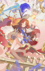 Rule 34 | absurdres, apple, arknights, blue sash, cape, coin, food, fruit, golden apple, green eyes, hat, highres, instrument, long hair, long sleeves, lying, minecraft, multiple others, music, myrtle (arknights), myrtle (light gold celebration) (arknights), official alternate costume, on back, panties, pantyshot, parted lips, playing instrument, pointy ears, reaching, red hair, sash, shirt, skirt, solarisyuri!, solo focus, thighhighs, underwear, white hat, white panties, white shirt, white skirt, white thighhighs