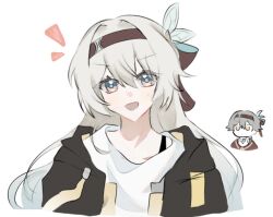 1boy 1girl black_jacket brown_hairband brown_ribbon caelus_(honkai:_star_rail) cosplay costume_switch firefly_(honkai:_star_rail) green_pupils grey_hair hair_between_eyes hair_intakes hair_ornament hair_ribbon hairband honkai:_star_rail honkai_(series) illyo_ill jacket long_hair multicolored_eyes open_clothes open_jacket open_mouth ribbon shirt simple_background smile trailblazer_(honkai:_star_rail) two-tone_eyes white_background white_shirt