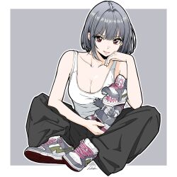Rule 34 | 1girl, artist request, breasts, highres, large breasts, pants, shoes, short hair, smile, sneakers, tagme, tank top