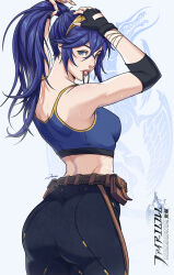 1girl alternate_costume alternate_hairstyle ass belt black_gloves blue_eyes blue_hair breasts fingerless_gloves fire_emblem fire_emblem_awakening gloves hair_tie_in_mouth highres jhony_caballero lips looking_at_viewer looking_back lucina_(fire_emblem) medium_breasts mouth_hold nintendo ponytail solo sports_bra
