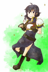 Rule 34 | 1girl, ahoge, armor, belt, bird, black hair, blush, boots, breastplate, chicken, dress, fire emblem, fire emblem: genealogy of the holy war, hagoita, larcei (fire emblem), looking at viewer, mityo, nintendo, paddle, short hair, shoulder armor, side slit, sidelocks, simple background, smile, solo, sparkle, star (symbol)