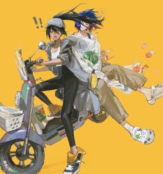 ! !! 1boy 1girl apple bag baseball_cap black_hair black_leggings black_shoes blue_eyes blue_hair brown_pants coat colored_inner_hair commentary_request conch_(gundam) crocs diurtion fang fanny_pack floating_hair food fruit grey_coat grey_hat gundam gundam_gquuuuuux hair_between_eyes hat highres holding holding_bag hood hooded_coat leggings long_sleeves looking_at_viewer motor_vehicle multicolored_hair nyaan_(gundam_gquuuuuux) off-shoulder_shirt off_shoulder on_scooter one_eye_closed open_clothes open_coat open_mouth pants plastic_bag pout red_eyes red_hair scooter shirt shoes shuji_ito sidesaddle simple_background sleeves_pushed_up slit_pupils small_sweatdrop sneakers speech_bubble strawberry thought_bubble tomato translation_request two-tone_hair watermelon white_shirt white_shoes yellow_background