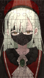 Rule 34 | 1girl, absurdres, ascot, bang dream!, bang dream! it&#039;s mygo!!!!!, beret, black mask, brown eyes, chinese commentary, commentary request, covered mouth, earrings, expressionless, feibai, green brooch, green hair, hat, highres, jewelry, jigsaw puzzle, long hair, looking at viewer, mask, masquerade mask, mortis (bang dream!), mortis (costume) (bang dream!), puzzle, red hat, sidelocks, solo, straight-on, upper body, wakaba mutsumi, white ascot