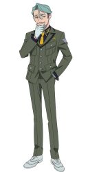 1boy black_shirt challia_bull collared_shirt dress_shoes epaulettes facial_hair full_body gloves goatee green_hair green_jacket green_pants gundam gundam_gquuuuuux hand_in_pocket hand_on_own_chin highres jacket looking_at_viewer male_focus military_uniform mustache necktie official_art pants parted_hair shirt short_hair simple_background solo standing stroking_own_chin tie_clip transparent_background white_gloves yellow_necktie