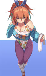 1980s_fashion 1girl aqua_hair aqua_sweater bare_shoulders blue_background blue_hairband bow_hairband breasts chinese_commentary cleavage colored_inner_hair commentary_request from_above full_body green_hair hairband highleg highleg_leotard highres holding holding_towel hololive hololive_english kfp large_breasts leg_warmers leggings leotard long_hair looking_at_viewer ludwigtk messy_hair multicolored_hair off_shoulder official_alternate_costume official_alternate_hairstyle orange_hair pants pink_leggings purple_eyes solo sweat sweater takanashi_kiara takanashi_kiara_(fever_night) towel two-tone_background very_sweaty virtual_youtuber white_background white_leg_warmers white_leotard white_sneakers wide_ponytail yoga_pants