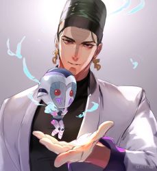 Rule 34 | 1boy, :d, atum (stand), black sweater, coat, earrings, green hair, grey background, grin, highres, jewelry, jojo no kimyou na bouken, long sleeves, open mouth, red eyes, smile, solo, stand (jojo), stardust crusaders, sweater, teeth, terence t. d&#039;arby, turtleneck, turtleneck sweater, upper body, white coat, zouhyou (at4190)