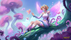Rule 34 | 1girl, absurdres, bare shoulders, blonde hair, blue eyes, blue flower, blue sky, bug, butterfly, day, detached sleeves, dress, english text, fairy, fairy wings, fantasy, flower, footwear flower, gradient sleeves, hair flower, hair ornament, highres, insect, logo, nu wa (fairy dust) (smite), nu wa (smite), official alternate costume, official art, outdoors, pointy ears, purple dress, purple flower, purple rose, purple sleeves, purple wings, rose, sitting, sky, sleeveless, sleeveless dress, slippers, smite, solo, tree, white dress, white sleeves, wings