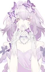 1girl absurdres bare_shoulders breasts bright_pupils bug butterfly castorice_(honkai:_star_rail) cleavage collarbone commentary dress english_commentary hands_up highres honkai:_star_rail honkai_(series) insect long_hair looking_at_viewer purple_butterfly purple_dress purple_eyes purple_hair rongyishoushan2 simple_background solo upper_body white_background white_pupils
