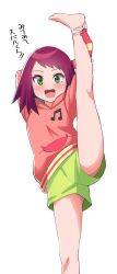 1girl artist_request commentary_request cowboy_shot green_eyes green_shorts highres hood hood_down hoodie medium_hair mega_man_(series) mega_man_star_force_(series) musical_note musical_note_print pink_hoodie print_hoodie red_hair short_shorts shorts simple_background solo sonia_strumm_(mega_man) split standing standing_on_one_leg standing_split translation_request white_background xxr_uu