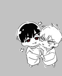 2boys aged_down alien_stage anger_vein chibi chibi_only child commentary fang fang_out greyscale ivan_(alien_stage) lubya male_focus monochrome multiple_boys red_pupils short_hair till_(alien_stage) very_short_hair