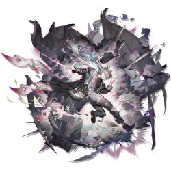 1boy ankle_boots aqua_hair arknights bad_link black_boots black_coat black_hat black_pants black_shirt boots chain coat dagger diffraction_spikes eyewear_on_head full_body hair_between_eyes hat knife long_hair looking_at_viewer male_focus mitm_(arknights) official_art open_clothes open_coat orange_eyes outstretched_arm pants salute shirt shoe_soles simple_background solar_panel solo torn_clothes torn_shirt transparent_background two-finger_salute unzipped weapon zipper