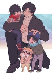 4boys :d :o ^_^ aged_down amayado_rei animal_hat arm_around_shoulder arm_around_waist arms_up beanie beard_stubble bent_v black_coat black_hair black_pants black_shoes black_socks blue_eyes blue_hat blue_scarf breath brothers brown_jacket buster_bros!!! cheekbones child closed_eyes coat cold commentary_request curtained_hair denim down_jacket dress_shoes facial_hair family film_grain fingernails full_body grabbing_another&#039;s_hand green_eyes grey_eyes grey_jacket grey_pants hair_between_eyes hamster_print hat headpat heterochromia highres hypnosis_mic jacket jeans lapels letterboxed light_blush light_smile long_sleeves looking_at_viewer looking_up male_focus mature_eyes mole mole_under_eye mole_under_mouth multicolored_shoes multiple_boys multiple_moles notched_lapels open_clothes open_coat open_mouth oxfords pants parted_bangs parted_hair pom_pom_(clothes) print_scarf raised_eyebrows red_eyes red_scarf red_shoes sasamigumi scar scar_across_eye scar_on_face scarf shoes short_hair siblings sitting sitting_on_lap sitting_on_person smile sneakers snot socks squatting standing stubble sweater sweatpants toddler toggles turtleneck turtleneck_sweater unbuttoned v v-shaped_eyebrows white_sweater winter winter_clothes winter_coat yamada_ichiro yamada_jiro yamada_saburo yellow_hat yellow_jacket yellow_pants yellow_shoes