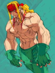 Rule 34 | 1boy, alex (street fighter), blonde hair, blue eyes, bodypaint, facepaint, fingerless gloves, frown, game cg, gloves, green gloves, green overalls, headband, highres, long hair, long sidelocks, looking at viewer, male focus, muscular, nishimura kinu, non-web source, official art, overalls, red headband, sidelocks, solo, street fighter, street fighter iii (series), topless male