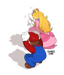 1boy 1girl blonde_hair blue_overalls brown_hair cat_shadow_puppet_(meme) crown dress earrings elbow_gloves gloves hat highres jewelry long_hair mario mario_(series) meme mini_crown nintendo overalls pink_dress princess_peach red_hat red_shirt shadow_puppet shirt sphere_earrings squatting ssuregigame white_background white_gloves