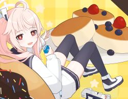 +_+ 1girl :d ahoge black_skirt black_thighhighs blue_archive blueberry commentary_request donut food from_above fruit hair_between_eyes hair_ornament halo highres holding knees_up long_hair long_sleeves looking_at_viewer looking_up natsu_(blue_archive) open_mouth pancake paralier pink_hair plate pleated_skirt red_eyes school_uniform serafuku side_ponytail sidelocks simple_background sitting skirt smile solo strawberry thighhighs zettai_ryouiki
