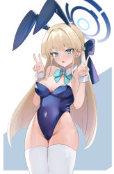 Rule 34 | 1girl, animal ear headwear, animal ears, arm cuffs, blonde hair, blue archive, blue bow, blue bowtie, blue eyes, blue hair, blue halo, blue leotard, blue ribbon, blush, bow, bowtie, breasts, collar, covered navel, detached collar, double v, ear piercing, fake animal ears, hair intakes, hair ribbon, halo, highleg, highres, leotard, long hair, medium breasts, multicolored hair, nohohon neko, official alternate costume, open mouth, piercing, playboy bunny, ribbon, solo, streaked hair, thighhighs, toki (blue archive), toki (bunny) (blue archive), tongue, two-tone hair, v, very long hair, white collar, white thighhighs