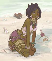 1girl anklet aqua_gemstone bare_arms bare_shoulders bead_necklace beads black_hair breasts cleavage collarbone commentary creatures_(company) crop_top dark-skinned_female dark_skin diamond_(gemstone) diamond_(shape) diamond_earrings earrings english_commentary game_freak gen_7_pokemon halter_shirt halterneck jewelry jivke medium_breasts neck_ring necklace nintendo olivia_(pokemon) pink_gemstone pink_lips pink_shirt pokemon pokemon_(creature) pokemon_sm purple_shorts pyukumuku sand sandygast sea_cucumber shirt short_hair shorts sitting squatting thighlet wariza