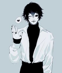 1girl 23i2ko black_hair black_nails blue_background cowboy_shot empty_eyes gradient_skin hand_up head_tilt heart jewelry looking_at_viewer messy_hair multiple_rings one_eye_closed original ring shirt shirt_tucked_in short_hair simple_background solo spoken_heart turtleneck waving white_shirt