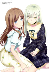 Rule 34 | 2girls, absurdres, artist request, bang dream!, bang dream! it&#039;s mygo!!!!!, blue dress, blue eyes, blue shirt, breasts, brown hair, choker, closed mouth, copyright name, copyright notice, dress, frilled choker, frills, green hair, green ribbon, hair behind ear, highres, light blush, long hair, long sleeves, looking at viewer, magazine scan, medium breasts, medium skirt, megami magazine, multiple girls, nagasaki soyo, official art, parted bangs, plaid clothes, plaid dress, ribbon, scan, shirt, short sleeves, simple background, sitting, skirt, wakaba mutsumi, white background, yellow eyes, yellow skirt, yokozuwari