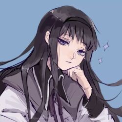 Rule 34 | 1girl, akemi homura, akemi homura (magical girl), black hair, black hairband, black shirt, blue background, capelet, dress shirt, ears visible through hair, grey capelet, hairband, half-closed eyes, hand on own face, head tilt, long hair, long sleeves, magical girl, mahou shoujo madoka magica, mahou shoujo madoka magica (anime), parted lips, purple eyes, purple ribbon, ribbon, shirt, solo, sparkle, upper body, very long hair, vest, watermark, white trim, white vest, wing collar, xiaoxiao (15991743)