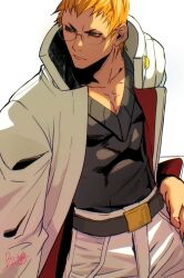 Rule 34 | 1boy, belt, belt buckle, black belt, black sweater vest, buckle, burning isaka, closed mouth, coat, collarbone, collared coat, commentary, cowboy shot, glasses, green eyes, hand on own hip, highres, justice gakuen, kagami kyousuke, long coat, looking to the side, male focus, orange hair, pants, rimless eyewear, signature, simple background, solo, sweater vest, two-sided coat, two-sided fabric, white background, white coat, white pants