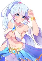 1girl alternate_costume armpit_crease ayaka_(genshin_impact) bare_shoulders blue_eyes blue_gemstone blue_hair blunt_tresses blush bracelet breasts cleavage collarbone commentary commission cryo_symbol_(genshin_impact) fingernails gem genshin_impact hand_up high_ponytail highres jewelry large_breasts long_hair looking_at_viewer midori_(midori13579) mole mole_under_eye parted_lips ponytail sidelocks simple_background solo very_long_hair vision_(genshin_impact) white_background