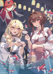 2girls alternate_costume alternate_hairstyle anchor_choker black_choker blonde_hair braid breasts brown_hair cherry_blossoms choker festival fish flower goldfish goldfish_scooping grey_kimono hair_between_eyes hair_bun hair_flower hair_intakes hair_ornament hair_over_shoulder highres himeyamato iowa_(kancolle) japanese_clothes kantai_collection kimono long_hair medium_breasts multiple_girls night obi official_alternate_costume official_alternate_hairstyle open_mouth outdoors pink_kimono poi_(goldfish_scoop) red_eyes sash sidelocks single_braid star-shaped_pupils star_(symbol) summer_festival symbol-shaped_pupils white_kimono wide_sleeves yamato_(kancolle) yukata