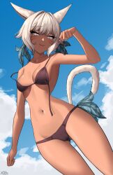 1girl absurdres animal_ears arm_at_side arm_up bikini bra breasts closed_mouth cloud cloudy_sky collarbone cowboy_shot dark-skinned_female dark_skin eyeliner feather_hair_ornament feathers final_fantasy final_fantasy_xiv from_below grey_eyes hair_ornament highres makeup navel open_bra short_hair sky small_breasts smile solo strap_pull swimsuit underwear white_hair x_xith_x y&#039;shtola_rhul