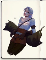 Rule 34 | 1girl, absurdres, arm belt, artist logo, belt, belt buckle, black eyeshadow, blouse, breasts, brown belt, brown corset, brown gloves, buckle, ciri, collarbone, corset, cowboy shot, cropped legs, curtained hair, dappled sunlight, eyeshadow, gloves, green eyes, grey hair, hair bun, head tilt, highres, leather, leather belt, leather gloves, leather pants, logo, long hair, looking to the side, makeup, medium breasts, mistravn, pants, parted lips, photoshop (medium), red lips, shirt, shoulder strap, simple background, solo, sunlight, the witcher (series), white background, white shirt