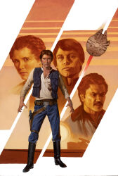 Rule 34 | 1girl, 3boys, black boots, black vest, blue pants, boots, brother and sister, brown hair, erik gist, han solo, highres, holster, lando calrissian, looking at viewer, luke skywalker, millennium falcon, multiple boys, open clothes, open vest, pants, princess leia, shirt, short hair, siblings, spacecraft, standing, star wars, vest, white shirt