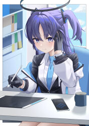 Rule 34 | 1girl, absurdres, black jacket, blue archive, blue eyes, blue hair, blue necktie, blue sky, breasts, chair, cloud, collared shirt, commentary request, cup, daidai53139, day, hands up, highres, holding, holding pen, indoors, jacket, long hair, long sleeves, looking at viewer, medium breasts, mug, necktie, off shoulder, office chair, on chair, open clothes, open jacket, pen, puffy long sleeves, puffy sleeves, shirt, sitting, sky, solo, swivel chair, table, two side up, white jacket, white shirt, window, yuuka (blue archive)