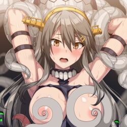 1girl armpits arms_up blush breasts enemy_naval_mine_(kancolle) grey_hair haruna_(kancolle) headpiece horosuke kantai_collection large_breasts long_hair nipple_stimulation open_mouth orange_eyes tentacles tongue torn_clothes unfinished